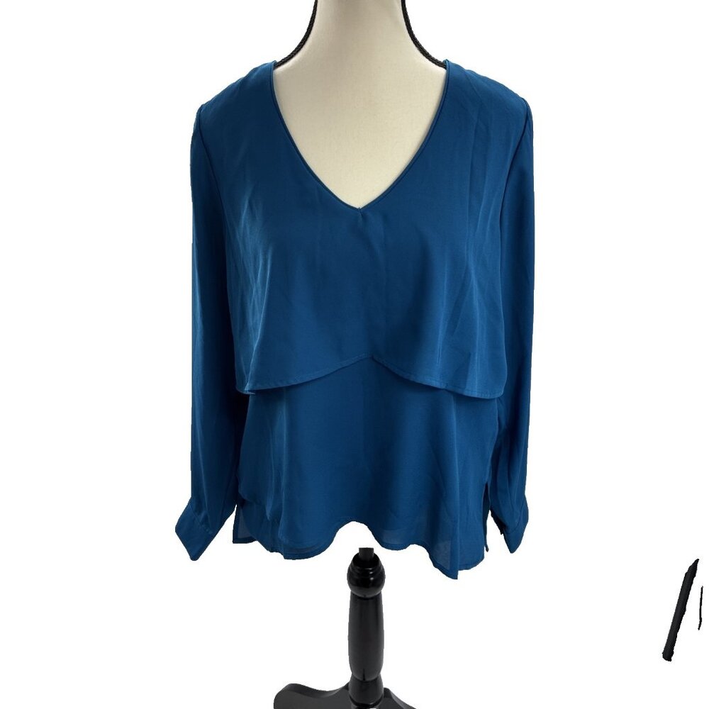 New York & Company Womens Size XS Blouse Blue Long Sleeve Layered Hem Top